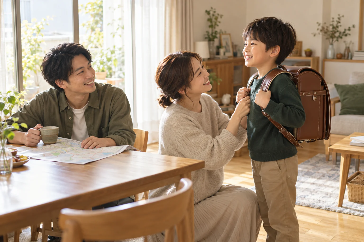 新しいランドセルを背負った子どもを、笑顔で見守る30代の両親。入学準備中の家族のイメージ
